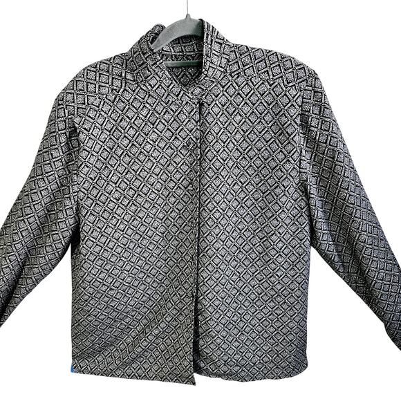 Worthington Women's 14 Long Sleeve Button Up Diamond Medallion Print Black Gray - Picture 2 of 6